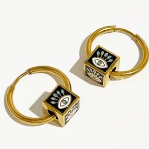 New Free People 18 Gold Ss and Black Evil Eye Motif Hoop Earrings